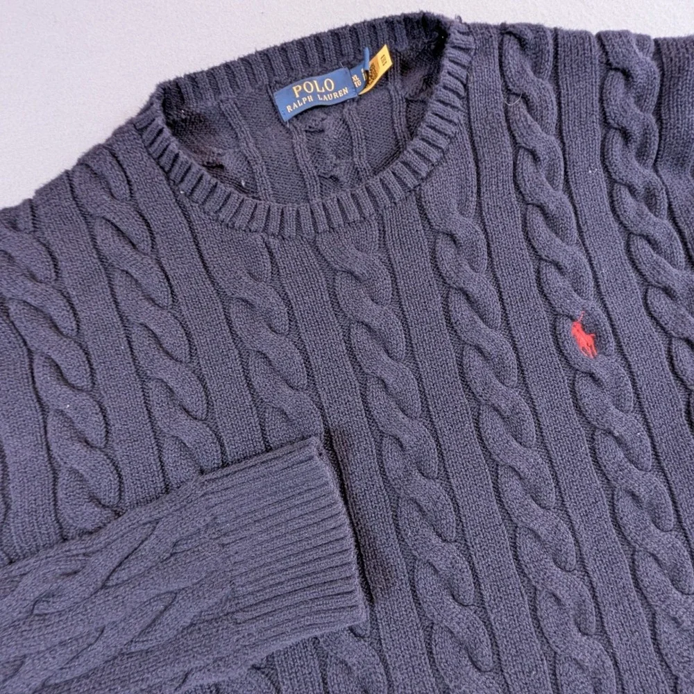 Polo Ralph Lauren‎ Cable Knit Sweater Mens XL Navy Blue Crew Neck Pony Logo
